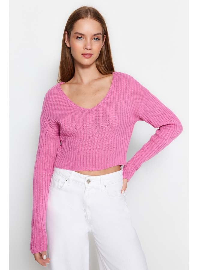 trendyol Pink Crop Basic V-Neck Knitwear Sweater TWOAW24KZ01214 - Image 1