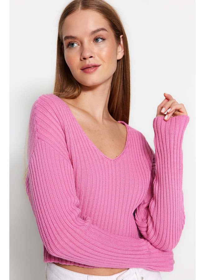 trendyol Pink Crop Basic V-Neck Knitwear Sweater TWOAW24KZ01214 - Image 2
