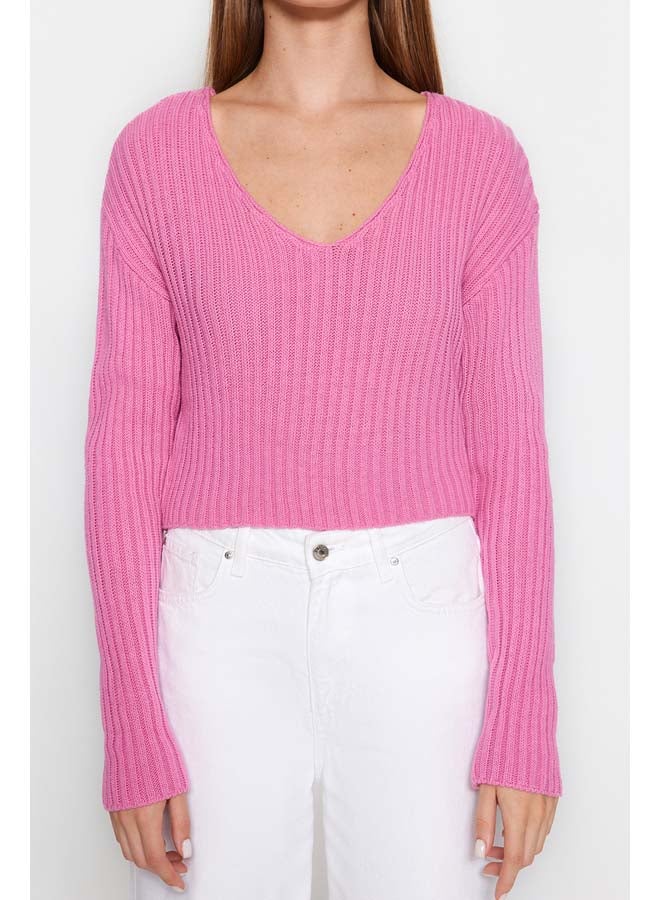 trendyol Pink Crop Basic V-Neck Knitwear Sweater TWOAW24KZ01214 - Image 3