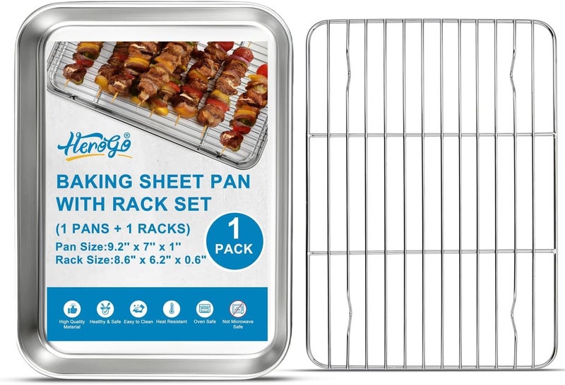 Herogo Small Stainless Steel Baking Sheet with Rack Set(1 Pans + 1 Racks), 9.2'' x 7'' x 1'' Mini Metal Bacon Tray with Cooling Rack Set for Baking & Roasting, Nontoxic & Easy Clean - Image 1