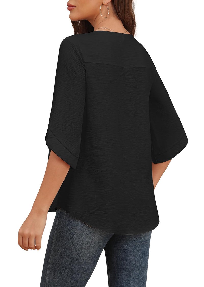 Askyes Womens Chiffon Blouses Summer Spring Casual Crew Neck Cute Tunic Tops for Leggings Chiffon Blouses for Women,Black,2XL - Image 2