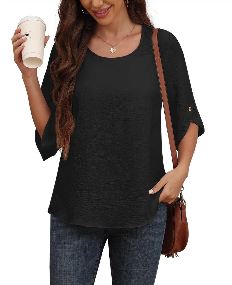 Askyes Womens Chiffon Blouses Summer Spring Casual Crew Neck Cute Tunic Tops for Leggings Chiffon Blouses for Women,Black,2XL - Image 4