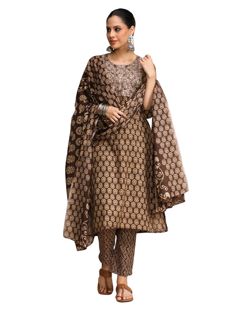Varanga Brown Ethnic Jaipuri Printed Thread Embroidered Kurta With Trouser & Dupatta - Image 1