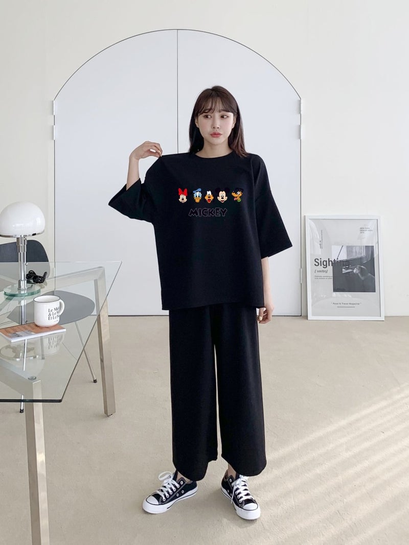 2024 Spring Summer Casual Chic Womens Tee and Wide-Leg Pants Set Black - Image 1