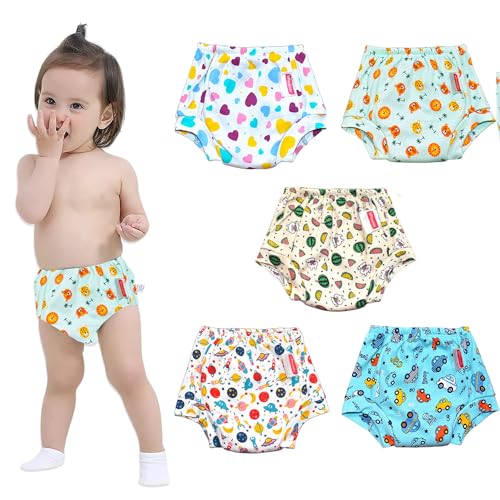 VParents Padded Underwear for Babies and Toddlers with 3 Layers of Cotton Padding Potty Training Pull Up & Diaper-Free Time Pack of 5 (6-12 months) Lion car Heart galaxy Watermelon - Image 1