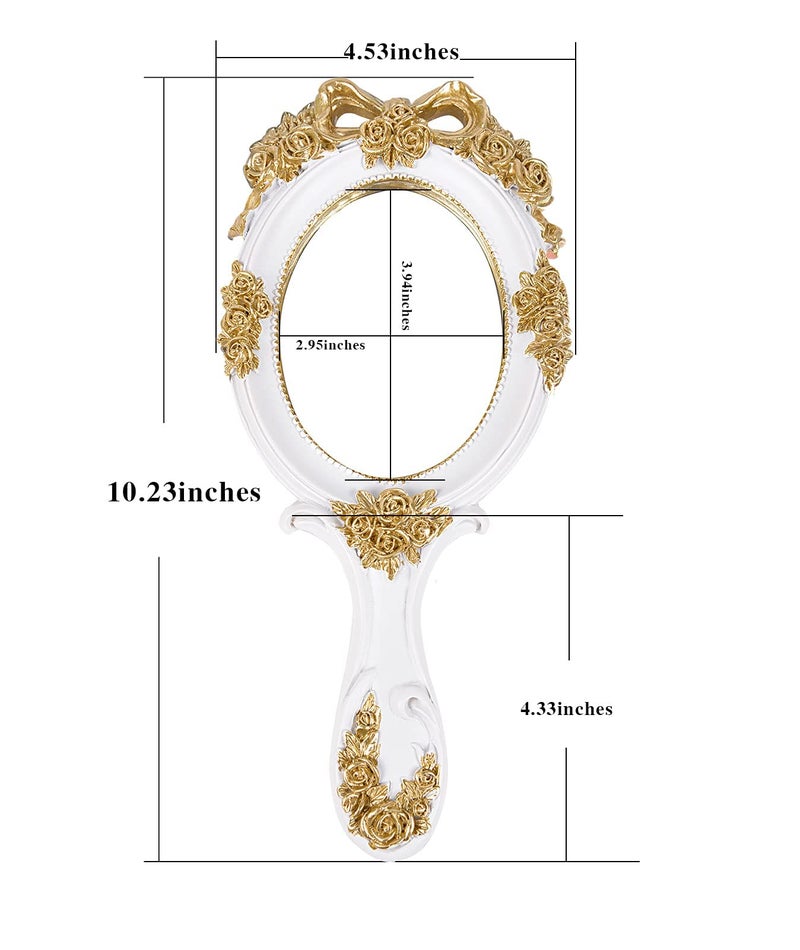 Nerien Nerien Handheld Mirror Vanity Makeup Mirror Travel Princess Metal Cosmetic Mirror Portable Oval Embossed Rose Mirrors Decorative Desk Girl Student Vintage Beautiful Handle Mirrors White-4 - Image 2