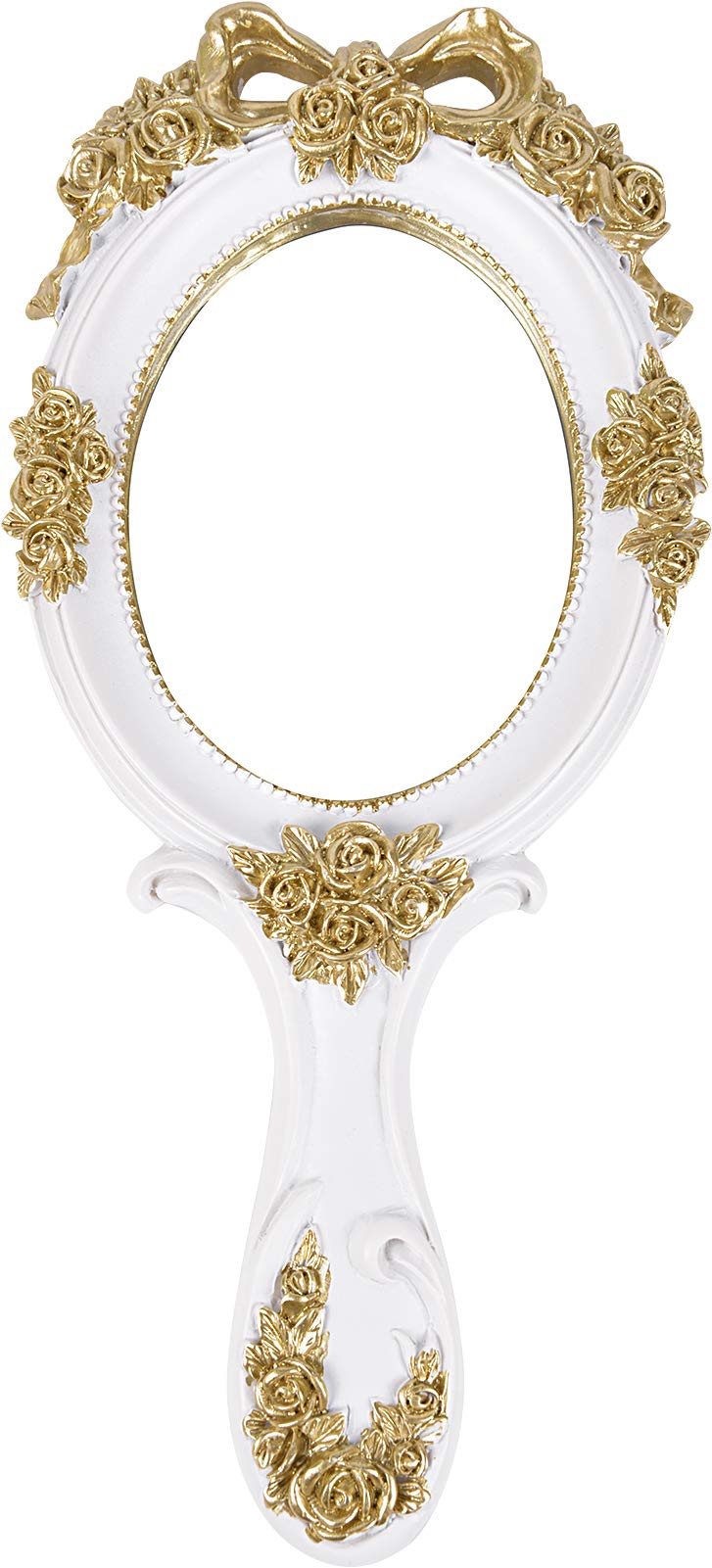 Nerien Nerien Handheld Mirror Vanity Makeup Mirror Travel Princess Metal Cosmetic Mirror Portable Oval Embossed Rose Mirrors Decorative Desk Girl Student Vintage Beautiful Handle Mirrors White-4 - Image 1