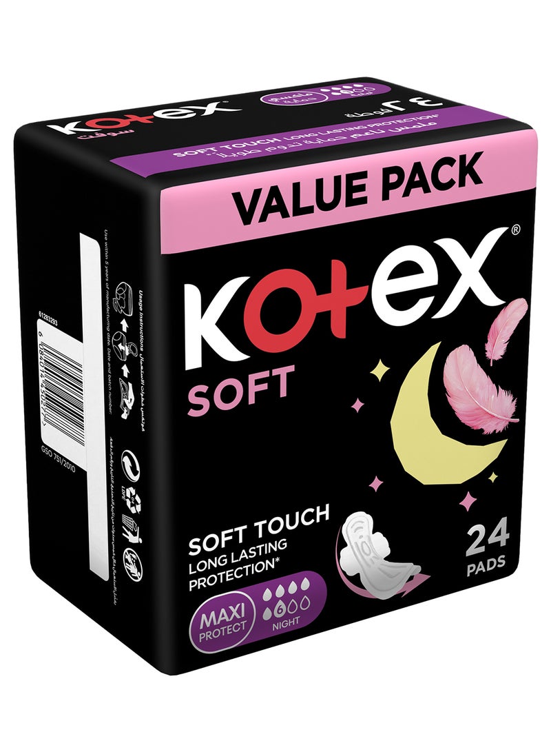Kotex كوتيكس سوفت ماكسي، فوط صحية ليلية مع أجنحة، 24 فوطة صحية، نعومة لمسة الريشة - Image 2