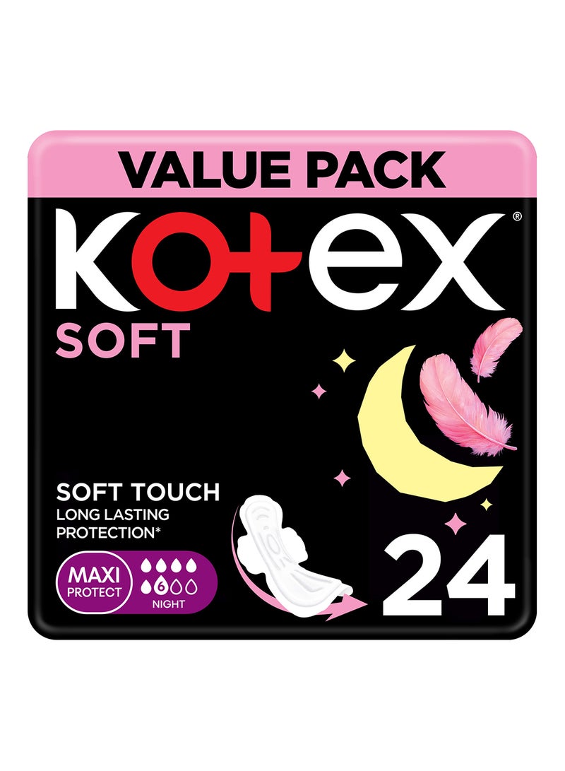Kotex كوتيكس سوفت ماكسي، فوط صحية ليلية مع أجنحة، 24 فوطة صحية، نعومة لمسة الريشة - Image 1