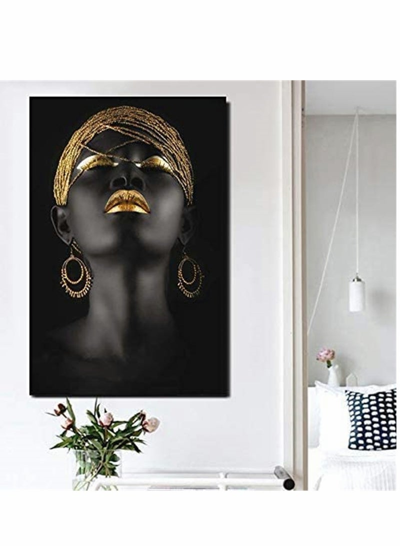 Wall Painting, African Women Art Wall Decor Canvas Wall Art Original Designed Pop Gold earrings necklace Black Pretty Girl Style Painting on Canvas Poster Print without Frame ( 50 x 70 cm )  - Image 2
