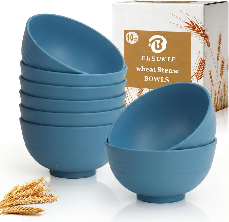 BUSOKIP Small Plastic Bowls 10oz, Unbreakable Wheat Straw Bowls Sets of 8, Microwave & Dishwasher Safe Breakfast Bowls for Dessert, Snack, Side Dish, Fruit, Kitchen Bowls for Camping, RV, Party - Blue - Image 1