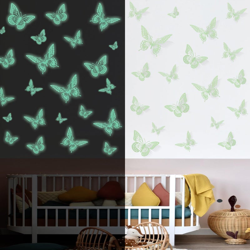 SAOROPEB Glow in The Dark 3D Butterfly 24 Pcs 3 Sizes, Luminous Butterfly Stickers for Ceiling or Wall, Glow in The Dark Party Supplies, Removable Luminous Stickers for Kids Babys Nursery (Green) - Image 1