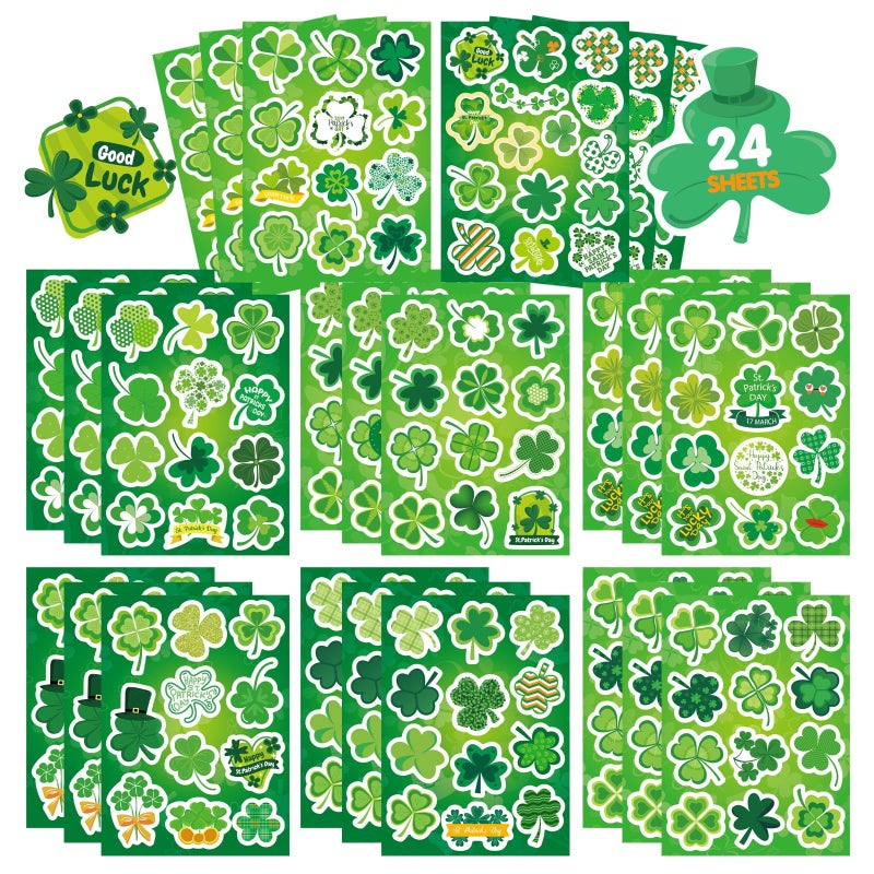 DUJAA 24 Sheets St. Patrick's Day Stickers, Clover Stickers Lucky Shamrock Four Leaf Clover Irish Decor Green Day Stickers for Teens Girls Kids Adults - Image 1