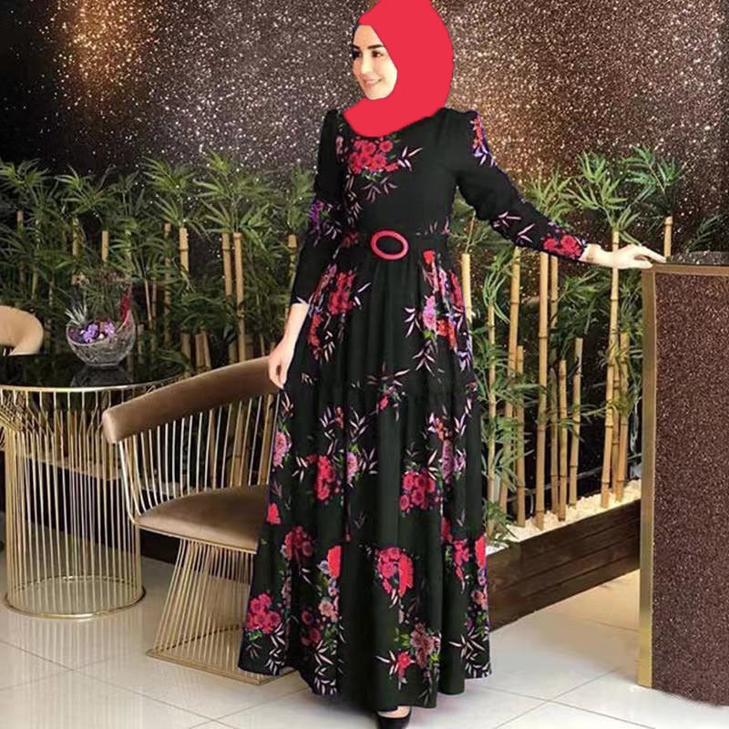 Spring 2024 New printed mid-waist four-color elegant commuter four-sided elastic printed dress not fleece-lined dress 1148 Red - Image 1