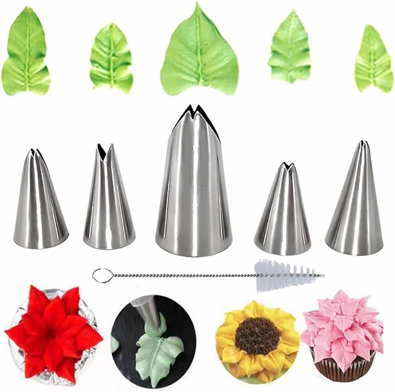 MDLJG 6 Pcs Leaf Piping Icing Nozzle, Cake Decorating Tube Tips Set, Leaves Stainless Steel Icing Piping Nozzles for Pastry Fondant DIy Baking Tools with Cleaning Brush (Leaf) - Image 1