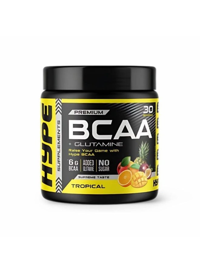 هايب بريميوم BCAA + جلوتامين بنكهة استوائية 30 حصة – 6 جم BCAA لدعم الاستشفاء العضلي والتحمل