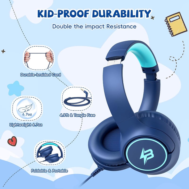 Botesty Sound Kids Headphones with Cord for School, 85/94dB Volume Limit, Wired Over Ear Headphones for Kids Boys Girls with Microphone, Stereo Sound 3.5mm Jack for Kindle, Tablet, Airplane Travel - Image 4