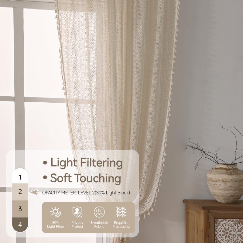 WAZZIO Beige Kitchen Window Curtains Over Sink Cotton Blend Crochet Sheer Kitchen Curtains 36 Inches Rod Pocket Farmhouse Vintage Lace Curtains Cafe Curtains Valance for Small Window,2 Panels - Image 2
