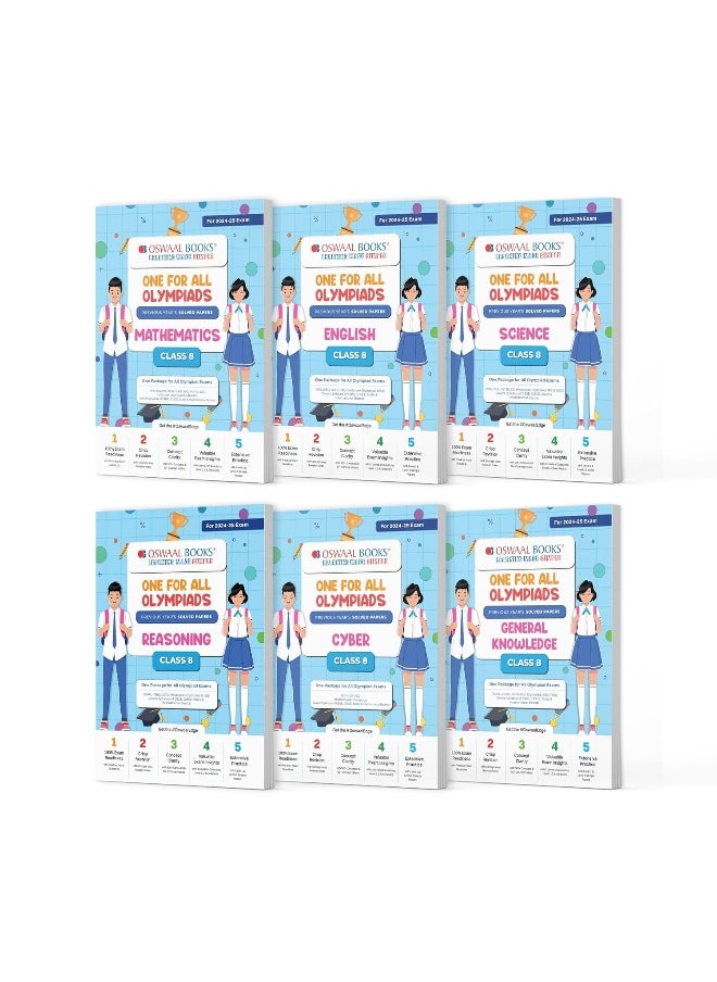 Oswaal One For All Olympiad Previous Years' Solved Papers Class 8 (Set of 6 Books) Maths, English, Science, Reasoning, Cyber & General Knowledge (For 2024-25 Exam)  - Image 1