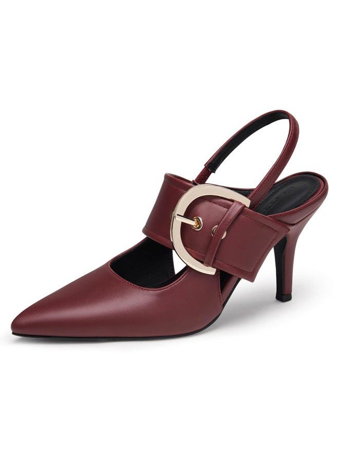 Coutgo Womens Slingback Pumps Closed Pointed Toe High Heels Belt Buckle Strap Dressy Work Shoes, Burgundy, 6.5 - Image 1
