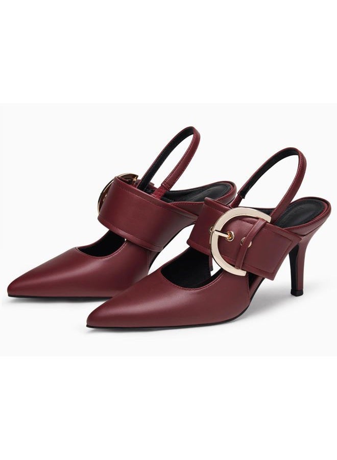 Coutgo Womens Slingback Pumps Closed Pointed Toe High Heels Belt Buckle Strap Dressy Work Shoes, Burgundy, 6.5 - Image 3