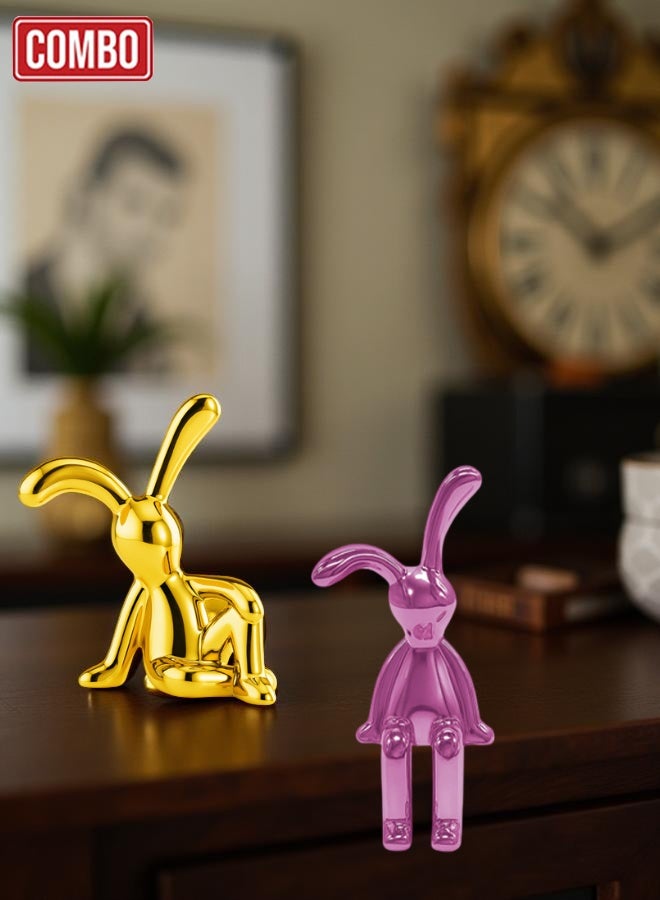 Decorative Rabbit Figurine Combo Set Gold Sitting Bunny and Pink Hanging Leg Bunny Car Dashboard Decor Automotive Interior Ornament Shelf Edge Tabletop Home Office Desk Resin Metallic Finish Mini Showpiece Gift Item - Image 1