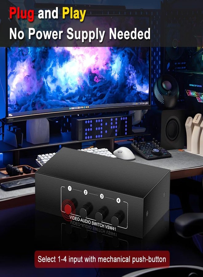 FlyroadUp RCA AV Switch 4 in 1 Out Composite Video Switcher L/R Audio Selector Box - Image 3