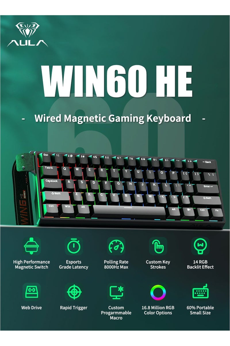 أولا 【متجر العلامة التجارية】لوحة مفاتيح الألعاب WIN60 HE Rapid Trigger دقة ضبط 0.01 مم لوحة مفاتيح مغناطيسية، 60٪ سلكية TKL مع تشغيل قابل للتعديل لوحة مفاتيح مدمجة، مفاتيح Hall Effect، معدل استقصاء 8000 هرتز، إضاءة خلفية RGB، قابلة للتبديل السريع (أسود) - Image 1