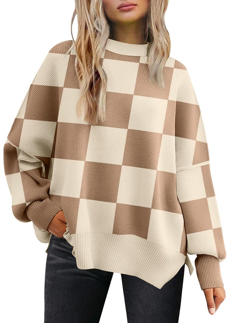 LILLUSORY Oversized Sweaters for Women 2025 Fall Fashion Outfits Trendy Crewneck Knit Cute Lightweight Sweater Pullover Tops Long Sleeve Shirts Winter Clothes CheckeredApricot S - Image 1