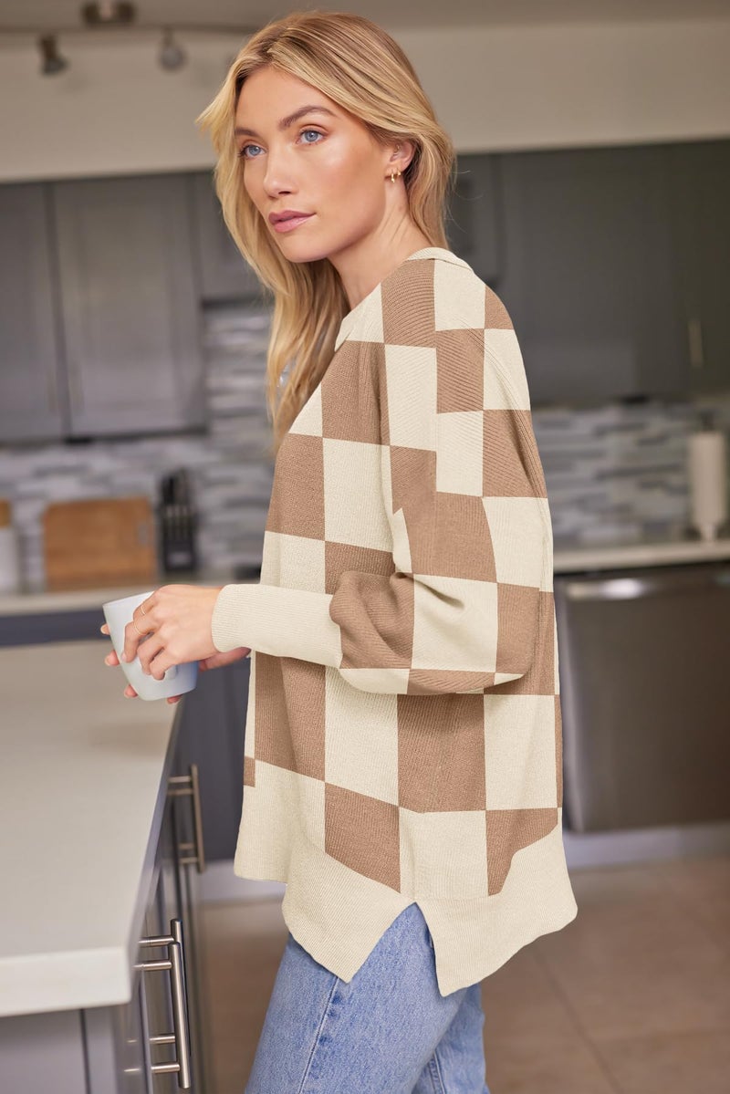 LILLUSORY Oversized Sweaters for Women 2025 Fall Fashion Outfits Trendy Crewneck Knit Cute Lightweight Sweater Pullover Tops Long Sleeve Shirts Winter Clothes CheckeredApricot S - Image 3