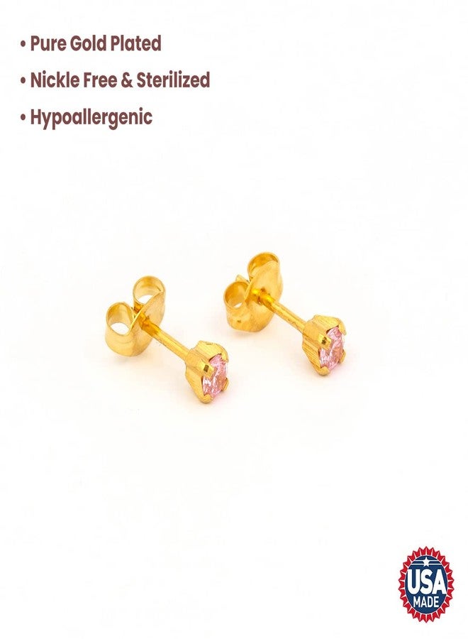 Studex 3MM Pink Cubic Zirconia 24K Pure Gold Plated Ear Studs For Kids - Image 2