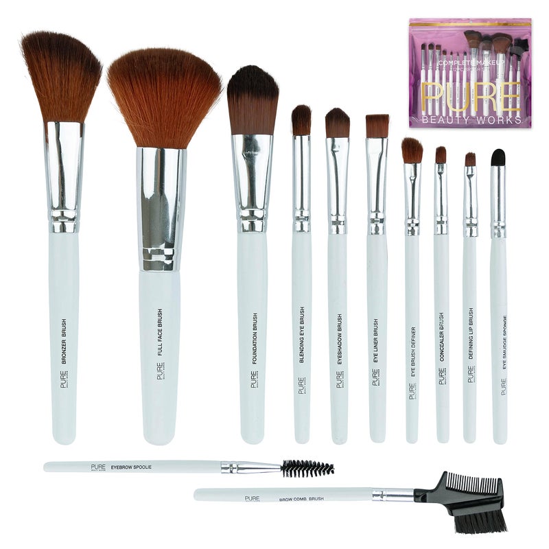 Pure Beauty Works 12pc Complete Makeup Brush Set Premium Synthetic Bristles Blending Brush Bronzer Brush Foundation Brush Eyeshadow Brush Face Powder Blush Concealer Eyeshadow Brush Set