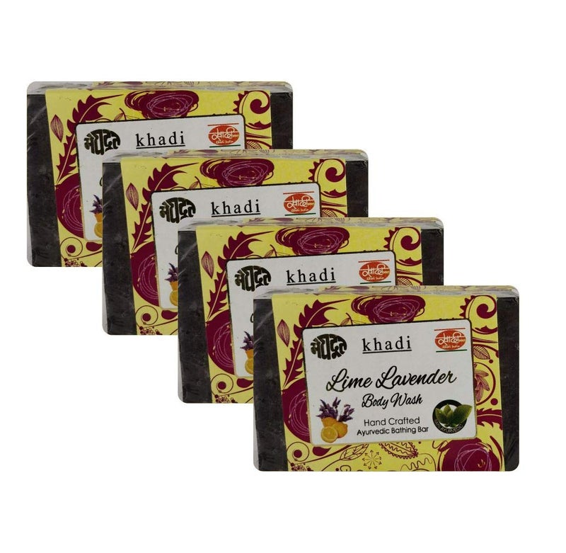 Meghdoot Lime Lavender Body Wash Soap khadi handmade ayurvedic bathing bar with lime and lavender extracts natural skin moisturizing soap for refreshed glowing skin 125gm Pack of 4 - Image 1