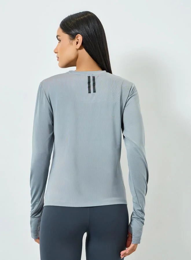 Styli Active Grey Textured Back Dual Stripe Long Sleeves Top