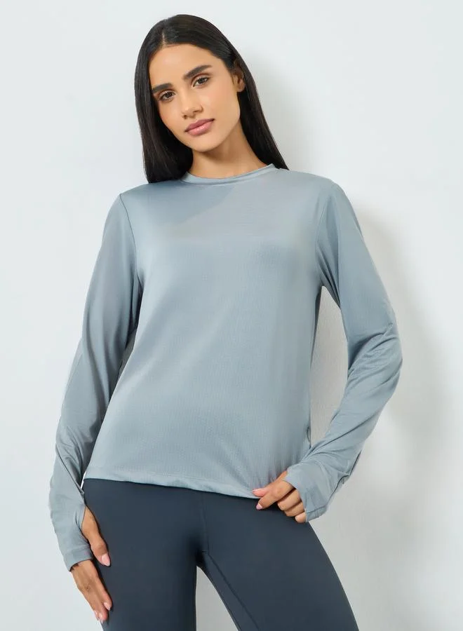 Styli Active Grey Textured Back Dual Stripe Long Sleeves Top