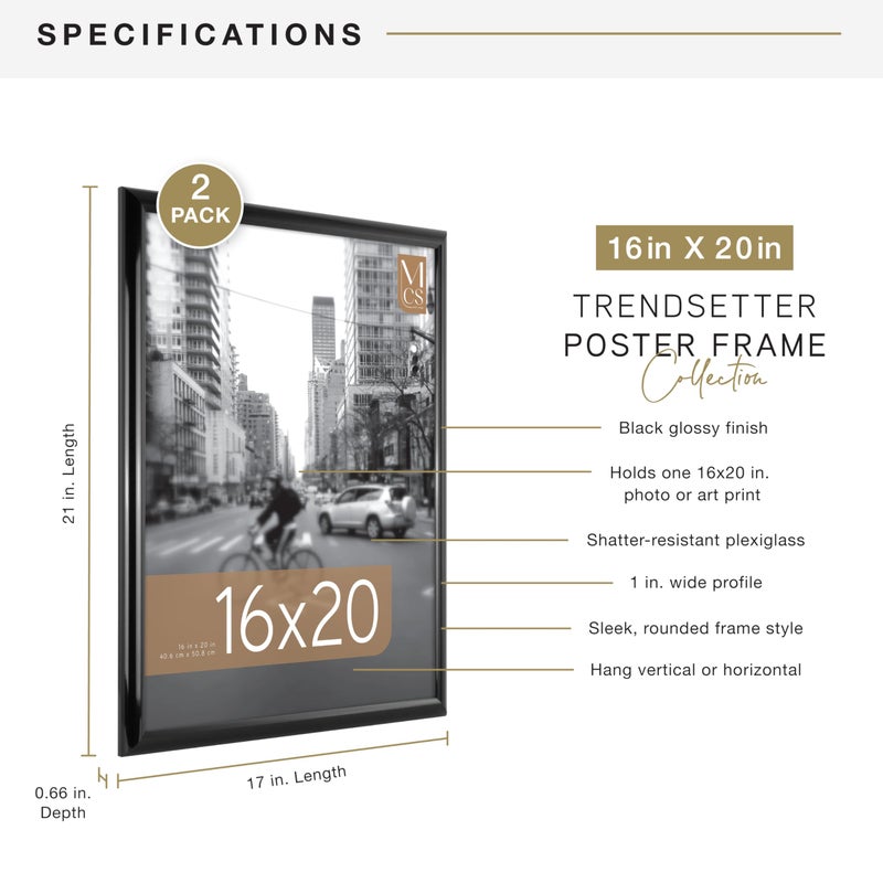 MCS Trendsetter 16x20 Poster Frame Black High-Gloss, Vertical & Horizontal Wall Hanging Large Picture Frame for Photos, Posters & Art Prints (2-Pack) - Image 4