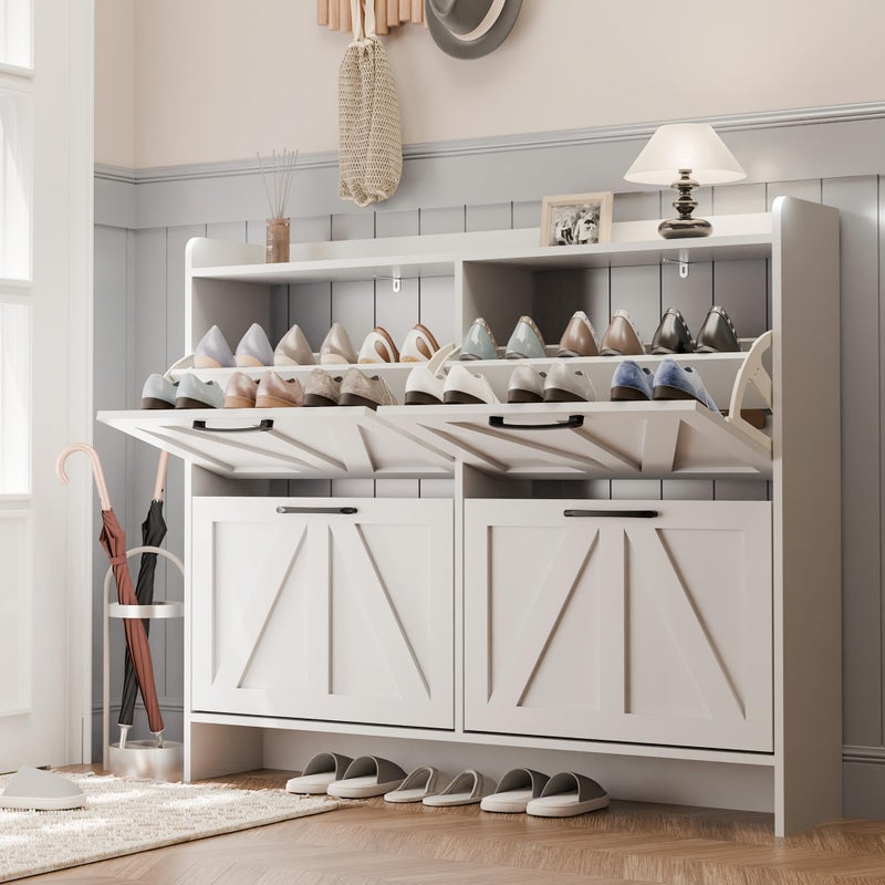 MU Shoe Storage Cabinet with 4 Flip Drawers Freestanding Shoe Cabinet Slim Shoe Organizer with Wood Legs for Entryway White