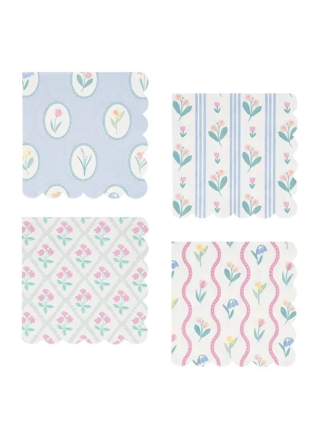 Bloomsbury Floral Pattern Small Napkins - Pack of 16, 3-Ply Paper Napkins with 4 Soft Pastel Floral Designs, Stylish Party Tableware for Garden Parties, Baby Showers & Celebrations