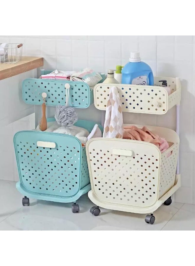 2-Tier Rolling Laundry Basket & Bathroom Organizer - Multi-Purpose Utility Cart with Detachable Basket and Top Shelf - Space-Saving Storage Trolley with Wheels for Laundry Room and Bathroom - Image 1