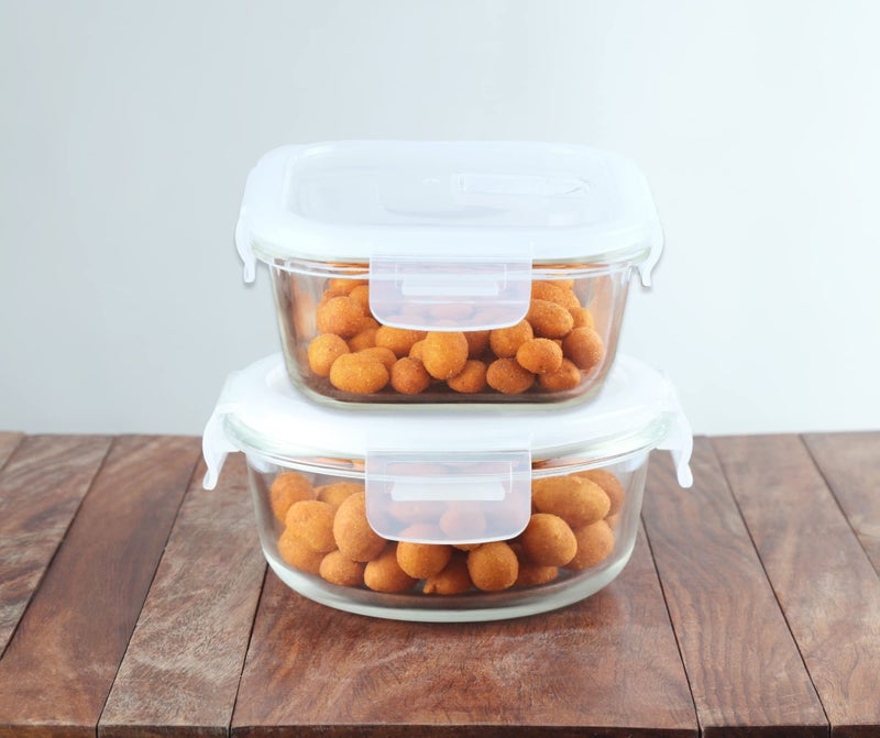 Femora Borosilicate Glass Storage Containers for Kitchen with Air-Tight Lids, Microwave & Oven Safe, Set of 2, 300 ml Square & 380 ml Round, Clear - Image 3