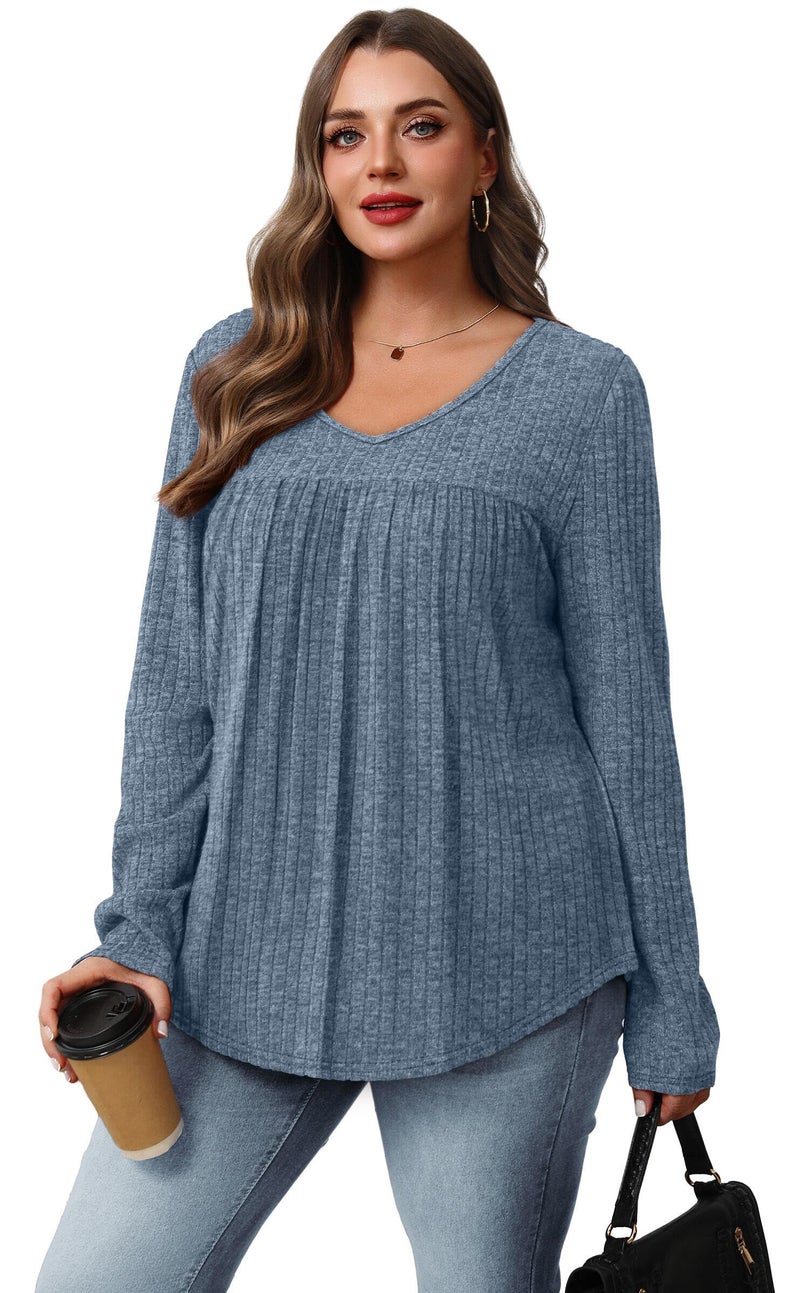 WIHOLL Womens Fall Tops Long Sleeve Shirts for Women Fall Clothes Outfits Casual Cute Lightweight Sweaters Soft V Neck Tunic Business Casual Maternity Teacher Fashion Clothing 2025 Light Blue M - Image 3