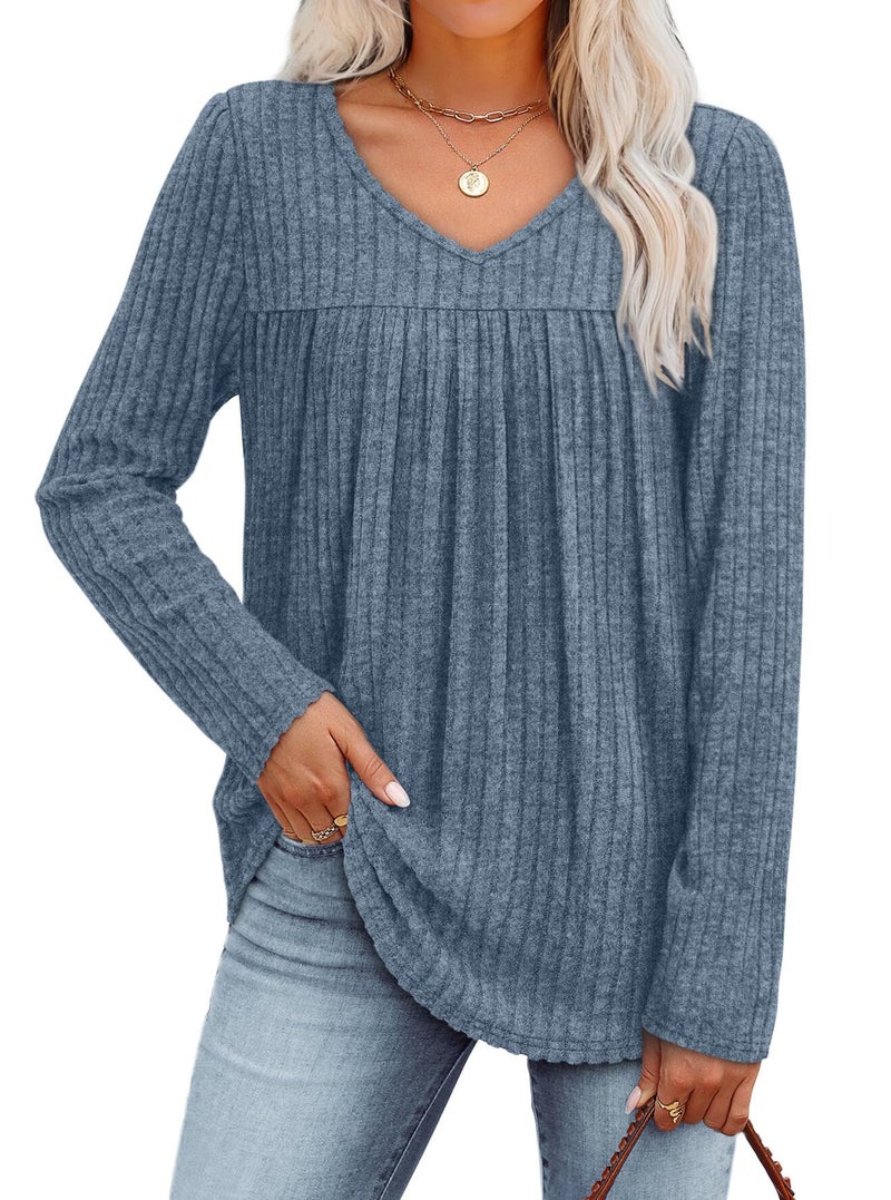 WIHOLL Womens Fall Tops Long Sleeve Shirts for Women Fall Clothes Outfits Casual Cute Lightweight Sweaters Soft V Neck Tunic Business Casual Maternity Teacher Fashion Clothing 2025 Light Blue M - Image 2