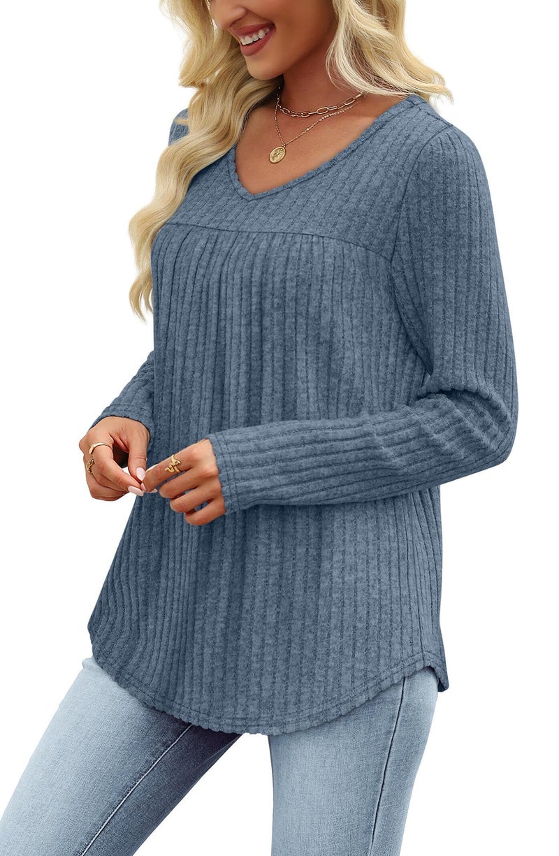 WIHOLL Womens Fall Tops Long Sleeve Shirts for Women Fall Clothes Outfits Casual Cute Lightweight Sweaters Soft V Neck Tunic Business Casual Maternity Teacher Fashion Clothing 2025 Light Blue M - Image 4