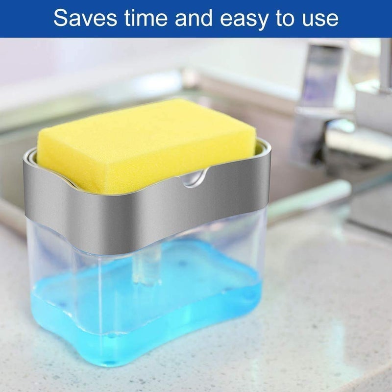 Inditradition 2-in-1 Soap Dispenser with Hydraulic Pump & Sponge Holder Caddy | 385ml, Sponge Included (Grey) - Image 3