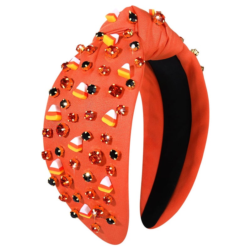 CEALXHENY Halloween Headbands for Women Halloween Accessories Beaded Boo Trick or Treat Knotted Headband Embellished Rhinestone Pearl Top Knot Headbands Costume Party Hair Accessory