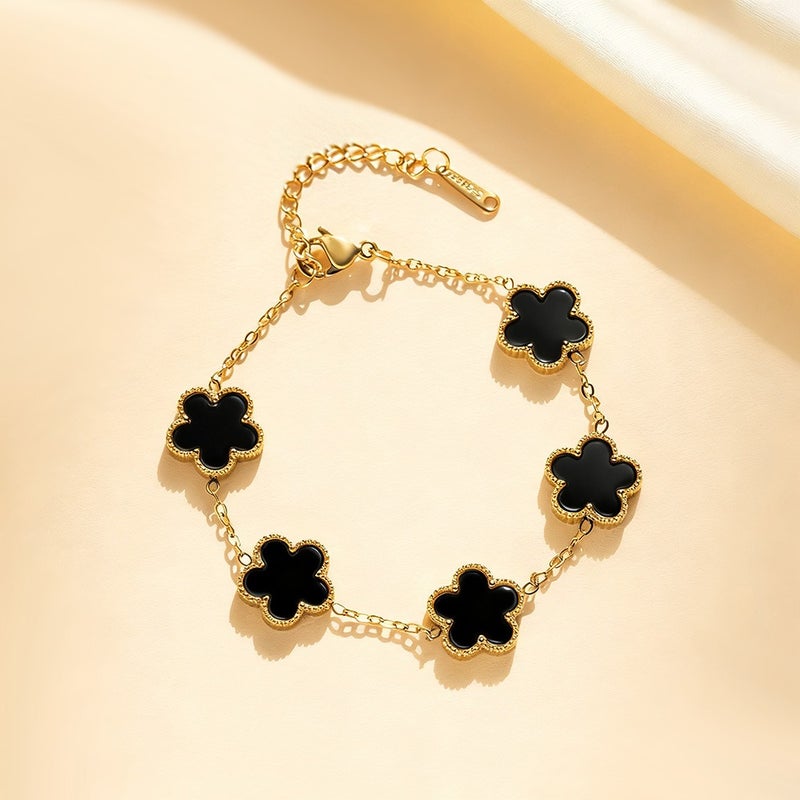 13mm Double-Sided Four-Leaf Clover and Five-Petal Flower Chain Bracelet – Gold Titanium Steel, Light Luxury Women's Jewelry