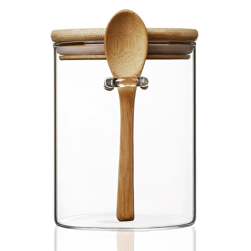 MOLADRI 15 oz/450 ml Glass Storage Canister with with Airtight Lid, Cute Clear Decorative Container Jar with Wooden Spoon for Coffee Spice Candy Salt Cookie Condiment Sugar Matcha Tea Overnight Oats - Image 1