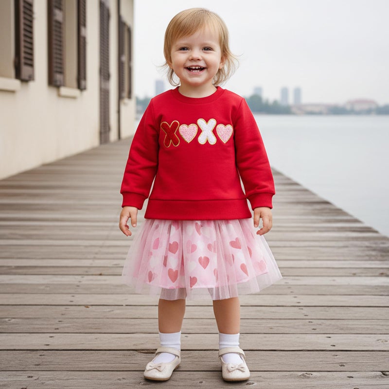 LAGKIYOJ Toddler Baby Girl Valentines Day Outfit Heart Long Sleeve Sweatshirt and Tulle Skirt baby girl valentines dress (Red Valentines Heart, 3-4T) - Image 1