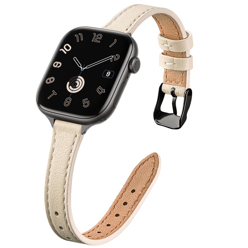 STIROLL Slim Leather Bands Compatible with Apple Watch Band 38mm 40mm 41mm 42mm(Series 11 10), Top Grain Leather Watch Thin Wristband for iWatch SE 9 8 7 6 5 4 3 2 1 (Beige Black) - Image 1