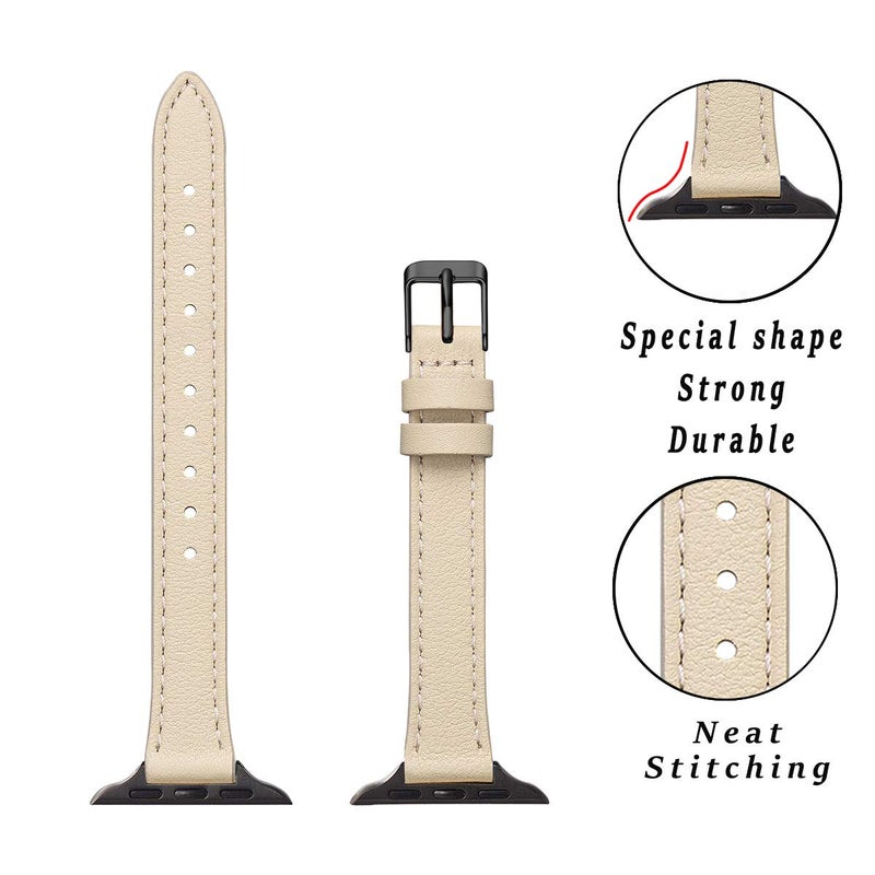 STIROLL Slim Leather Bands Compatible with Apple Watch Band 38mm 40mm 41mm 42mm(Series 11 10), Top Grain Leather Watch Thin Wristband for iWatch SE 9 8 7 6 5 4 3 2 1 (Beige Black) - Image 2